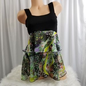 Papillon Black & Floral Green Ruffle Tank Top M
